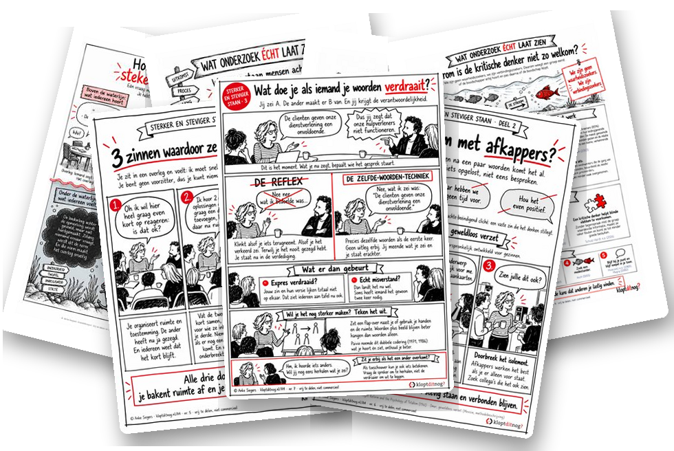 Zeven A4-infographics van Klopt Dit Nog? losjes over elkaar op tafel